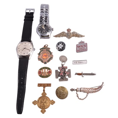 Lot 1114 - Five vintage wristwatches, silver Boys' Brigade medal, badges, and pins.