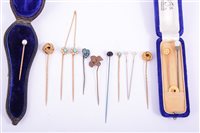 Lot 196 - Thirteen Victorian/Edwardian stick pins, a...
