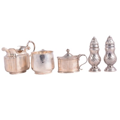 Lot 359 - Silver cream jug, Christening cup, mustard, and pair of Danish silver cruets