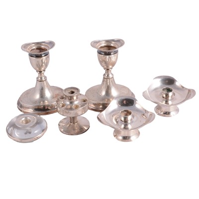 Lot 235 - Pair of Danish silver dwarf candlesticks, and other taperstands