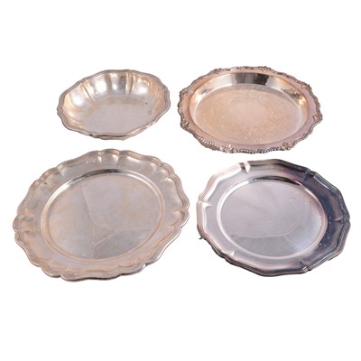 Lot 96 - Set of six silver-plated entree dishes and plates, together with three other silver plated trays