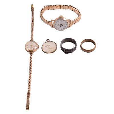 Lot 1107 - Two ladies' vintage 9 carat yellow gold wristwatches, and other jewellery items.