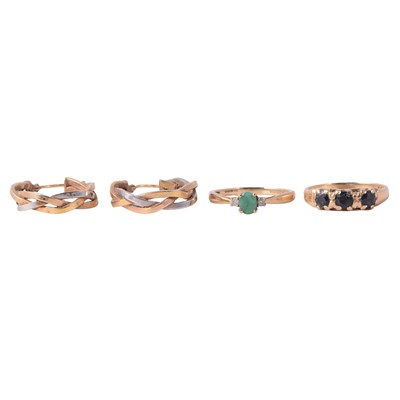 Lot 123 - Two gemset 9 carat gold rings, and a pair of 9 carat tri-colour gold ear hoops.