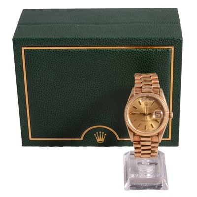 Lot 1046 - Rolex - a gentleman's 18 carat yellow gold Oyster Perpetual Day Date Chronometer wristwatch.