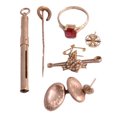 Lot 1132 - A gold toothpick, bar brooches, stick pin, cufflink, ring, and earstuds.