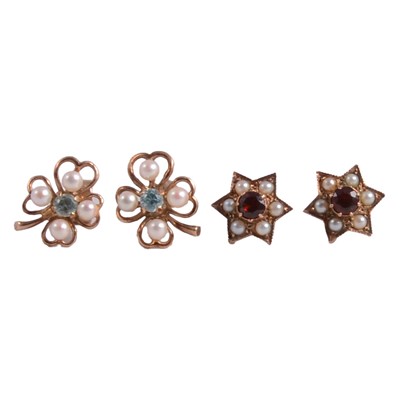 Lot 444 - Two pairs of earrings, garnet and pearl, blue zircon and pearl.
