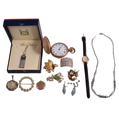 Lot 1304 - A jewellery box with silver, white metal, and costume jewellery, pocket watch, and wristwatch.