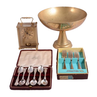 Lot 117A - A canteen of stainless steel cutlery other flatware, carriage clock and brass bowl.