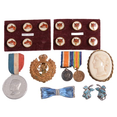 Lot 1280 - Rough turquoise pendant on chain, costume jewellery, buttons, and medals.