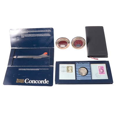 Lot 260 - Day of the Concorde silver medal and stamp cover, and other Concorde branded items