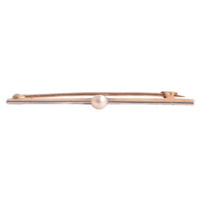 Lot 256 - A yellow metal bar brooch set with a small pearl.