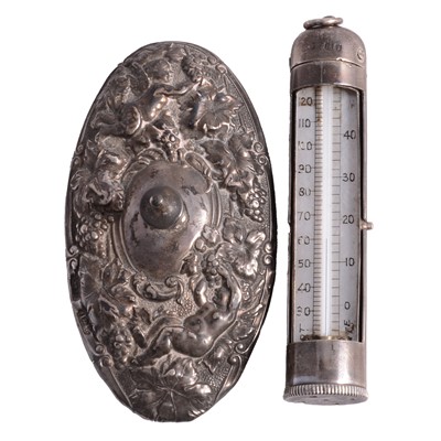 Lot 1225 - A Victorian silver pocket travelling thermometer, and silver paperweight.