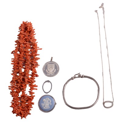 Lot 1311 - A Wedgwood brooch, bracelet, two pendants, necklace clasp, twig coral necklace, and silver medal.