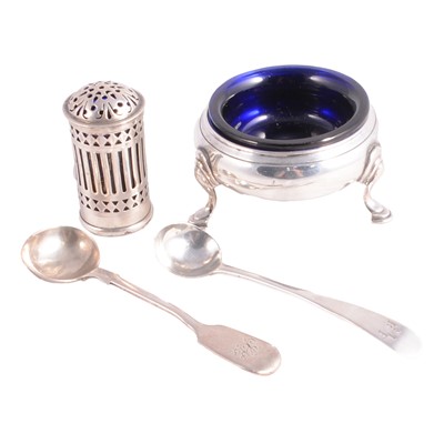 Lot 341 - Silver cauldron salt, two salt spoons and a pepper pot