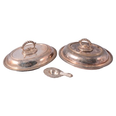 Lot 118 - Two electroplated entree dishes and a Dutch silver tea strainer