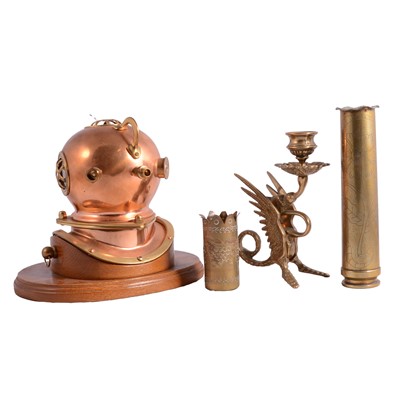 Lot 109 - A collection of copper and brass, divers helmet clock, mortar and pestle, trench art.