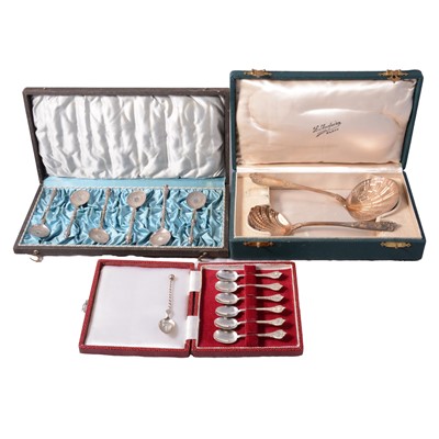 Lot 366 - Set of six silver coffee spoons, Francis Howard Ltd, Sheffield 1979, and other white metal spoons.