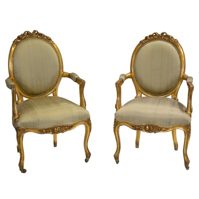 Lot 488 - Pair of Louis XV style gilt fauteuil