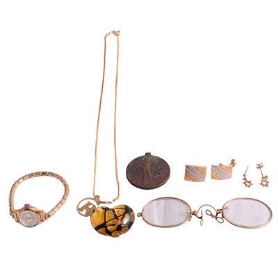 Lot 1211 - A lady's yellow metal manual wind wristwatch, earrings, pendants, and other items.