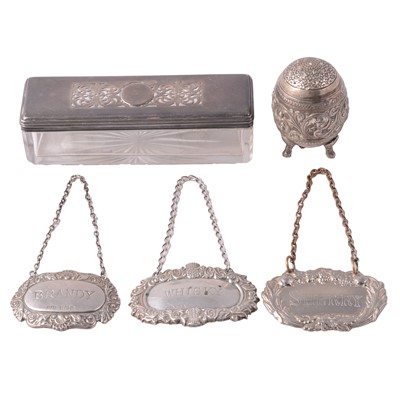 Lot 345 - Two silver decanter labels, etc.