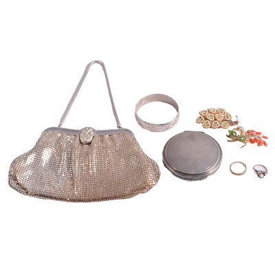 Lot 1296 - Gemset rings, necklaces, white metal bangles, costume jewellery, compact, belt, and purse.