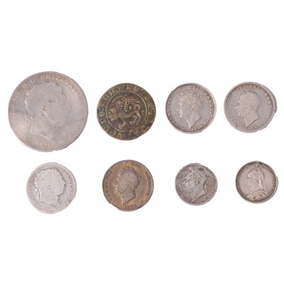 Lot 262 - George III and later silver content coins, and medieval token.