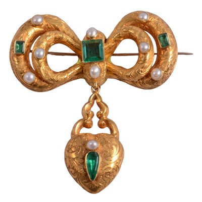 Lot 232 - An emerald and pearl brooch with pendant drop.
