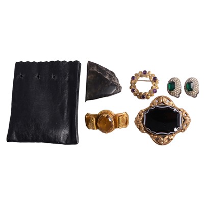 Lot 1275 - Victorian banded agate brooch, other brooches, paste set earclips, and rough jade.