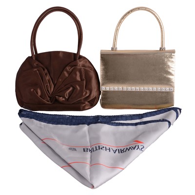 Lot 590 - Rayne - a brown silk evening bag, another evening bag, small purse, and British Airways silk scarf.
