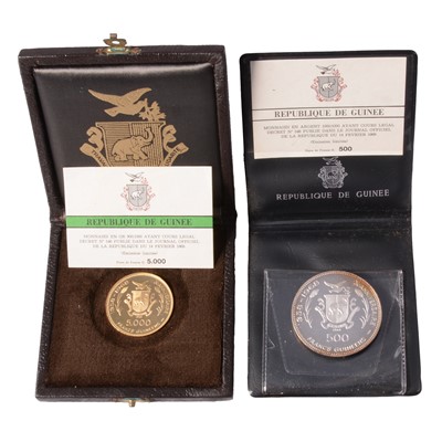 Lot 303 - Republic of Guinea - Gold 5000 francs coin, and silver 500 francs coin.