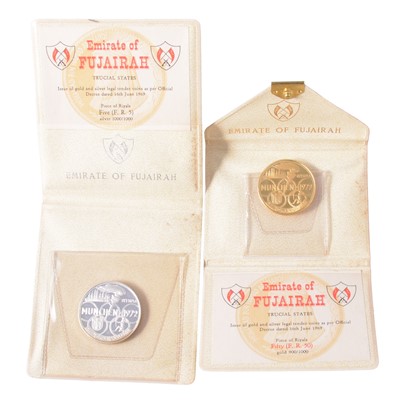 Lot 304 - UAE - Emirate of Fujairah - Gold 50 rials, and silver 5 rials coin.