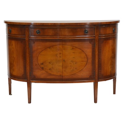 Lot 370 - Reproduction mahogany, rosewood and maple demi-lune sideboard