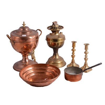 Lot 111 - Small copper samovar, brass oil lamp, and other metalwares