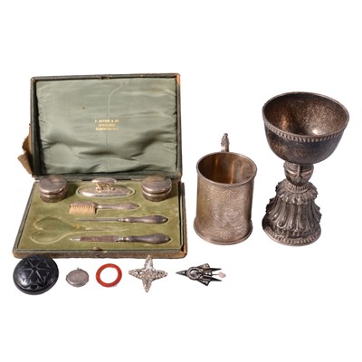 Lot 365 - Silver christening mug, white metal yak butter lamp, etc.