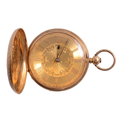 Lot 1003 - A Victorian 18 carat yellow gold full hunter pocket watch.