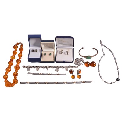 Lot 1269 - Tiffany & Co charm bracelet, pair of Atlas earrings, and amber, silver and costume jewellery.