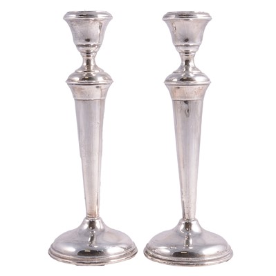 Lot 364 - Pair of silver candlesticks, Joseph Gloster Ltd, Birmingham 1919.