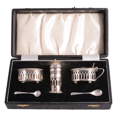 Lot 367 - Silver three-piece condiment set, Roberts & Dore Ltd, Birmingham 1964.