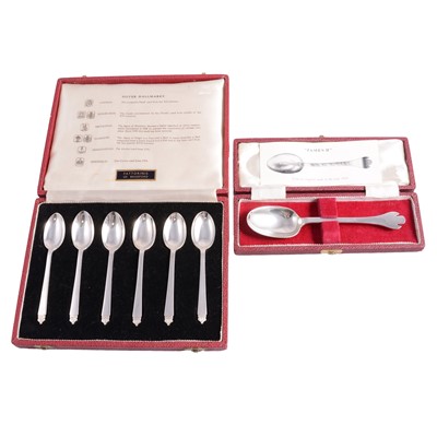 Lot 347 - Silver replica James I trefoil spoon, Francis Howard Ltd, Sheffield 1971, and silver teaspoons.
