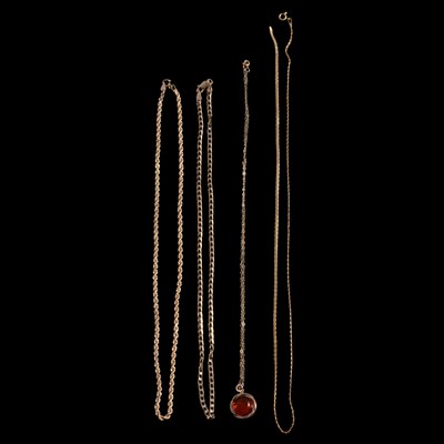 Lot 350 - Three 9 carat yellow gold chains, and a pendant on a chain.