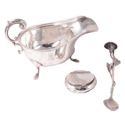 Lot 342 - Silver sauce boat, pill box, spoon