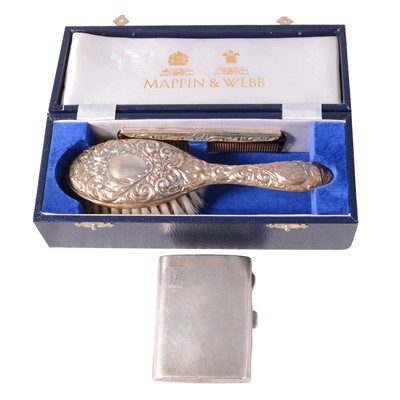 Lot 355 - Silver cigarette case, cased brush and combe set