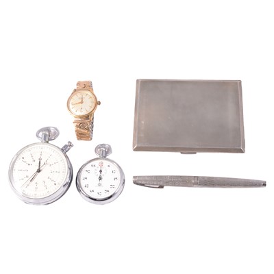 Lot 289 - Silver cigarette case, two stop watches, wristwatch, pen