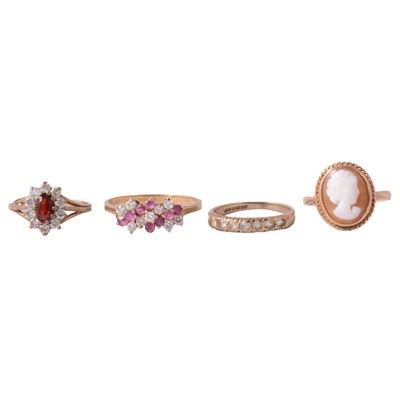 Lot 127 - Four gemset 9 carat yellow gold rings.
