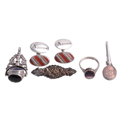 Lot 1246 - A pair of white metal cufflinks, silver swivel fob, brooch, Blue John ring, and napkin holder.