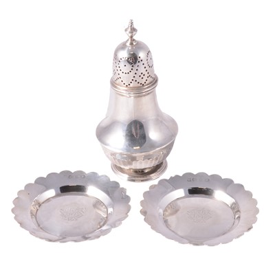 Lot 351 - Silver caster and two silver coasters