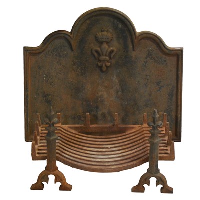 Lot 568 - Cast iron fireback and basket