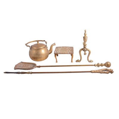 Lot 105 - Box of assorted brassware - fieirons, firedogs, kettle stand, horse brasses, etc