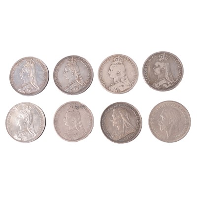 Lot 243 - Eight Victoria and later silver crown coins.