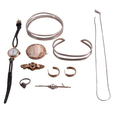 Lot 1131 - Two Edwardian gold bar brooches, earrings, carved shell cameo brooch, wristwatch, and other items.